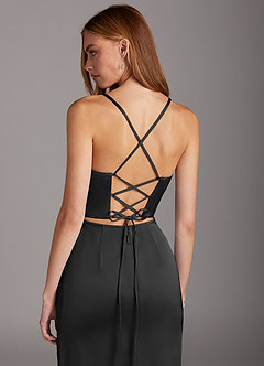Azazie Brookelle Bridesmaid Dresses Black Sheath Sweetheart Corset Stretch Satin Dress image6
