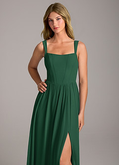 Azazie Rosaline Bridesmaid Dresses Dark Green A-Line Side Slit Chiffon Dress image2