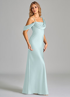 Azazie Celina Bridesmaid Dresses Sea Glass Sheath Off the Shoulder Stretch Satin Dress image4