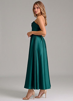 Azazie Lucienne Bridesmaid Dresses Peacock A-Line Pleated Stretch Satin Dress image3