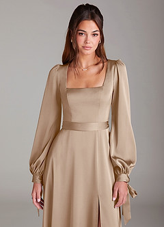 Azazie Leonia Brautjungfernkleider A-Linie Langarm Stretch-Satin Kleid Taupe image6