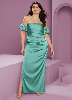 Barbie ♥ Azazie Jurken voor bruidsmeisjes Converteerbaar Jurk van Stretch Satijn met Kolom Off the Shoulder Aqua image10