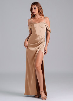 Azazie Asha Bridesmaid Dresses English Rose Sheath Off the Shoulder Stretch Satin Convertible Dress image6