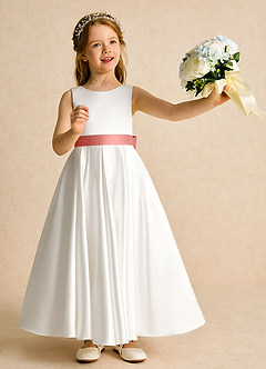 Azazie Cherry Flower Girl Dresses Ivory Salmon Pink Ball-Gown Pleated Matte Satin Dress image2