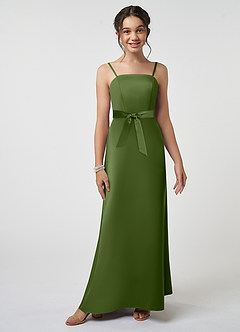 Azazie Anina Junior Robe Trapèze en Satin extensible Arc Genévrier image3