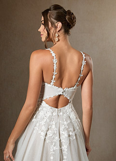 Azazie Devi Wedding Dresses Diamond White A-Line V-Neck Lace Tulle Dress image12