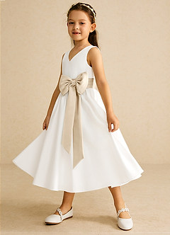 Azazie Darling Flower Girl Dresses Ivory Champagne A-Line Bow Cotton Dress image3