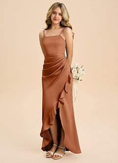 Azazie Buzzy Junior Copper Sheath Pleated Stretch Satin Dress image1