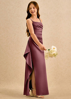 Azazie Cannoli Girls Formal Robe Demoiselle D'honneur Fillette Robe Trapèze en Mat Satiné Plissée Rose Du Désert image4