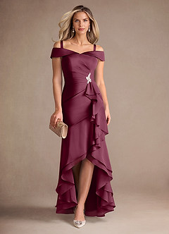 Azazie Billings Mother of the Bride Dresses Mulberry Mermaid Off the Shoulder Stretch Satin Dress image7