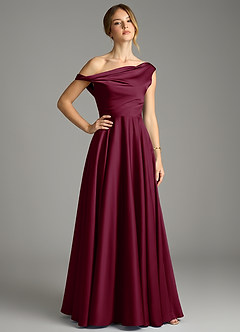 Azazie Xanthe Brautjungfernkleider Eine Linie Schulterfrei Stretch-Satin Kleid Maulbeerrot image1