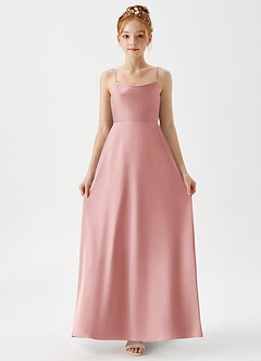 Azazie Shale Junior Robe Trapèze en Satin extensible Rose Poudré image3