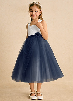 Azazie Bonny Flower Girl Dresses Ivory Dark Navy Ball-Gown Pleated Tulle Dress image4