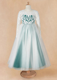 Azazie Elodie Blumenmädchenkleider Ballkleid Spitze Kleid Elfenbein Pfau image10