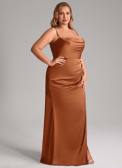 Azazie Leonis Bridesmaid Dresses Copper Mermaid Pleated Stretch Satin Convertible Dress image13