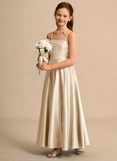 Azazie Pebbles Girl vestidos de niña de las flores Vestido de Champán de Satin Mate de Corte En A con Plisado image6