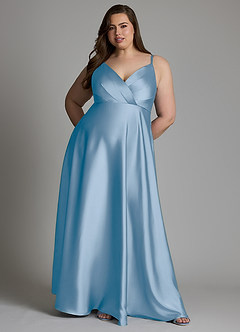 Azazie Amani At-home Try On Dresses Dusty Blue A-Line Pleated Stretch Satin Dress image8