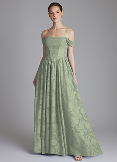 Azazie Raisa Bridesmaid Dresses Agave A-Line Off the Shoulder Floral Burnout Dress image1