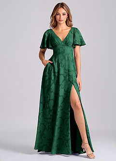 Azazie Kimber 신부 들러리 드레스 A라인 포켓이 있는 플로럴 번아웃 바닥 길이 드레스 image1