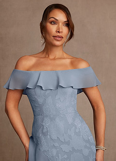 Azazie Marina Mother of the Bride Dresses Dusty Blue A-Line Off the Shoulder Floral Burnout Dress image5