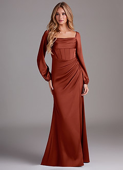 Azazie Charissa Bridesmaid Dresses Terracotta Sheath Long Sleeve Stretch Satin Dress image3