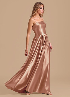 Azazie Lucienne 신부 들러리 드레스 A라인 주름진 메탈릭 새틴 바닥 길이 드레스 image5