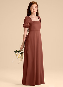 Azazie Briar Junior Robe Trapèze en Satin extensible Arc Auburn image4