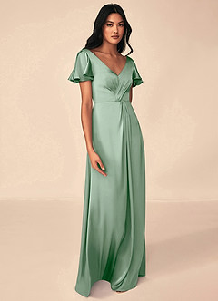 Azazie Soren Bridesmaid Dresses Agave A-Line Pleated Stretch Satin Dress image4