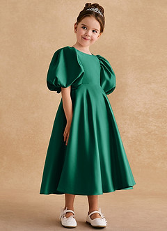 Azazie Sugarplum Flower Girl Dresses Emerald A-Line with Sleeves Matte Satin Dress image6