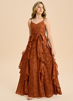 Azazie Peyton Junior Robe Trapèze en Blumen-Burnout Plissée Orange Brûlée image4