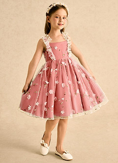 Azazie Krissie Flower Girl Dresses Salmon Pink A-Line Ruched Tulle Dress image3