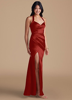 Azazie Emeria Bridesmaid Dresses Rust Sheath Side Slit Metallic Satin Dress image6