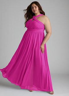Azazie Hillian Vestidos de damas de honor Vestido de Fucsia de Malla de Corte en A con Halter Plisado image11