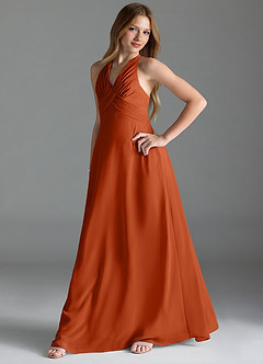 Azazie Tessie Junior A-Linie Plissee Chiffon Kleid Gebranntes Orange image3