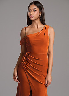 Azazie Madelyn Bridesmaid Dresses Burnt Orange Sheath One Shoulder Velvet Dress image2