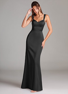 Azazie Denice Bridesmaid Dresses Black Sheath Pleated Stretch Satin Dress image1