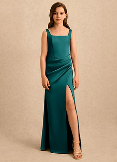 Azazie Noah Girls Formal Flower Girl Dresses Peacock Sheath Pleated Stretch Satin Dress image5