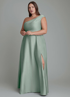 Azazie Melanie Robes de demoiselle d'honneur Robe Trapèze en Satin extensible Épaules dénudées Agave image7