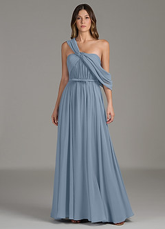 Azazie Nyah Robes à essayer chez vous Robe Trapèze en Mousseline de soie Épaule décolletée Bleu Poussiéreux image1