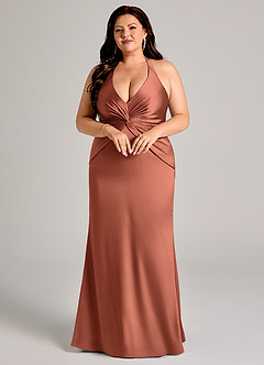 Azazie Valerie Bridesmaid Dresses Clay Mermaid Pleated Stretch Satin Dress image9