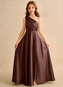Azazie Puddles Girls Formal Robe Demoiselle D'honneur Fillette Robe Trapèze en Satin extensible Une épaule Expresso image5
