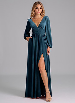 Azazie Norah Bridesmaid Dresses Blue Topaz A-Line Long Sleeve Velvet Dress image3