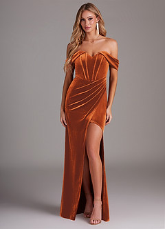 Azazie Jas Bridesmaid Dresses Burnt Orange Sheath Off-The-Shoulder Corset Velvet Convertible Dress image1