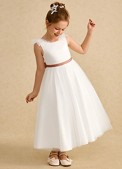 Azazie Amber Flower Girl Dresses Ivory Bronzer A-Line Bow Tulle Dress image2