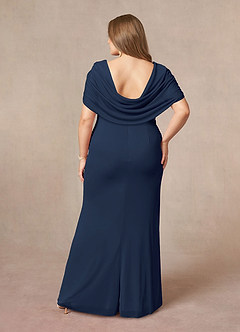 Azazie Luisa vestidos de madre de la novia Vestido de Azul Marino Oscuro de Malla de Sirena con Cuello en V Plisado image8