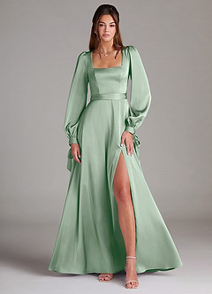Azazie Leonia Bridesmaid Dresses Agave A-Line Long Sleeve Stretch Satin Dress image1