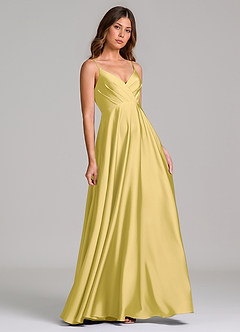 Azazie Amani Bridesmaid Dresses Canary A-Line Pleated Stretch Satin Dress image1