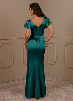 Azazie Roya Mother of the Bride Dresses Peacock Mermaid V-Neck Pleated Stretch Satin Dress image4