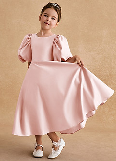 Azazie Sugarplum Flower Girl Dresses Blushing Pink A-Line with Sleeves Matte Satin Dress image5