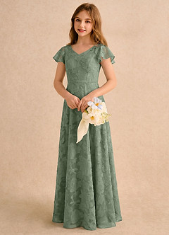 Azazie Narin Girls Formal Flower Girl Dresses Matcha A-Line with Sleeves Floral Burnout Dress image4